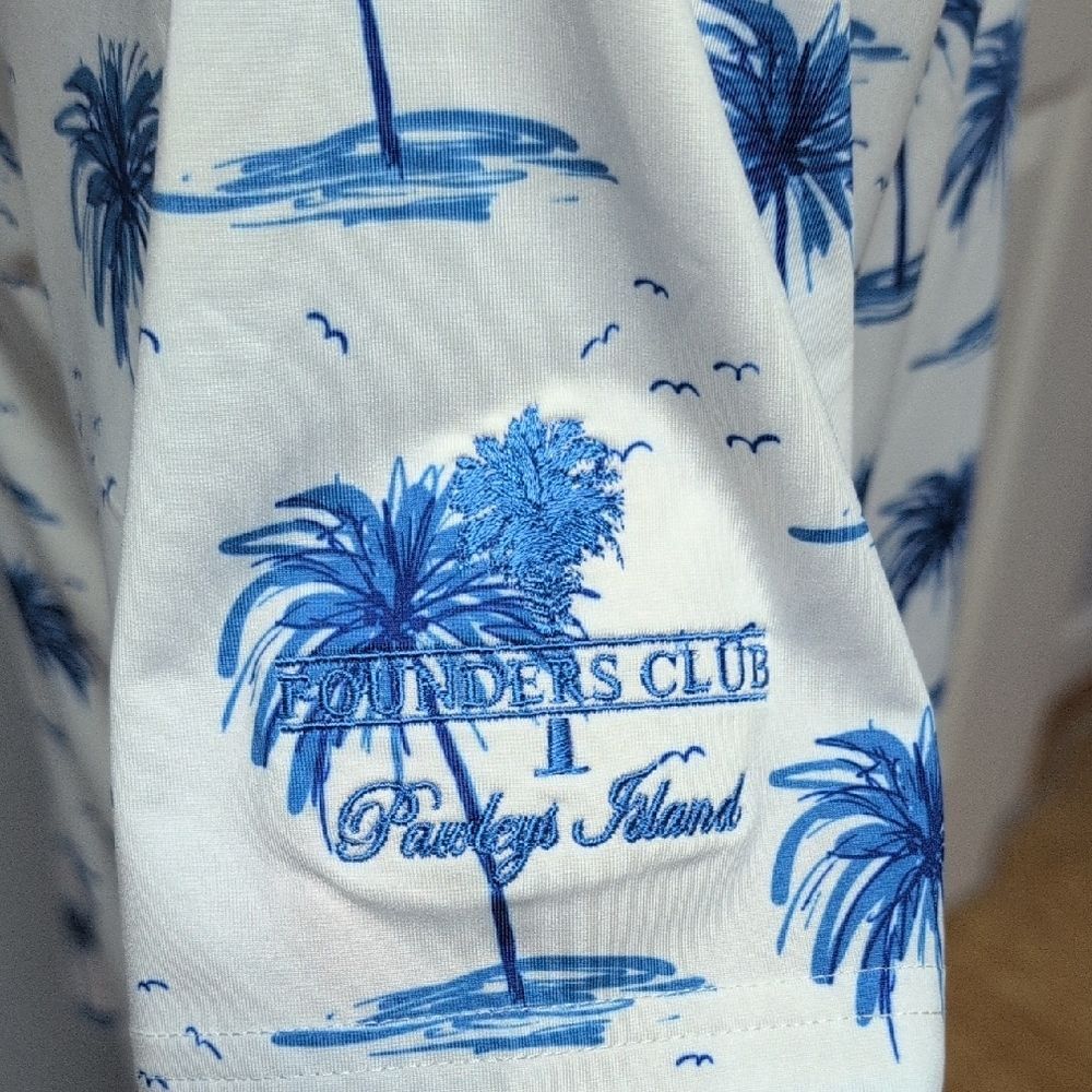 Puma White/Blue Palm Tree Print Polo Shirt Embroidered Founders Club Sleeve Sz M - Picture 4 of 9